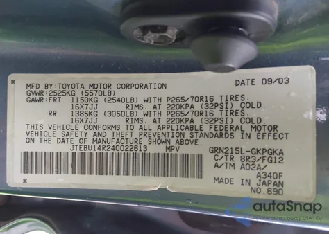 2004 Toyota 4Runner Sr5 V6 from USA, damaged, VIN JTEBU14R240022613